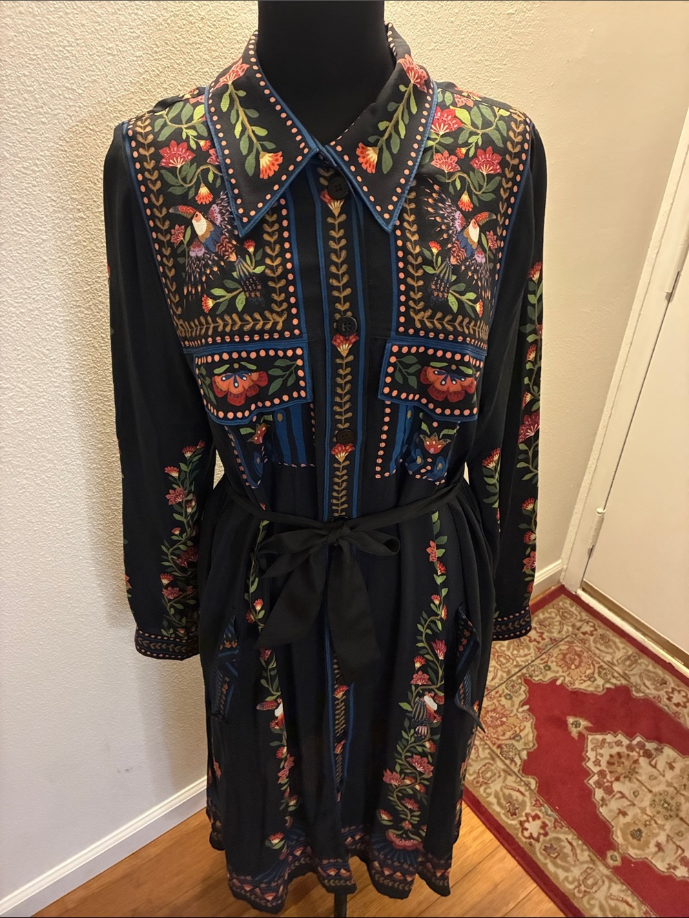FARM Rio NWT Large Toucan Garden Black Button Front Midi Dress w/Tie & Pockets - Picture 2 of 16
